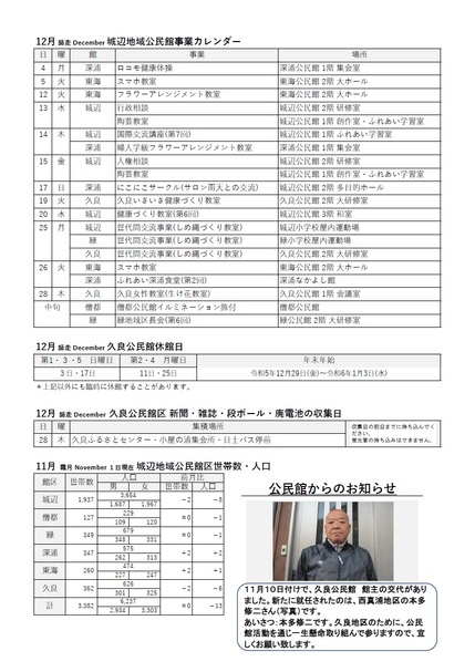 久良公民館だより(官報 ひさよし)令和5年12月号ウラの画像
