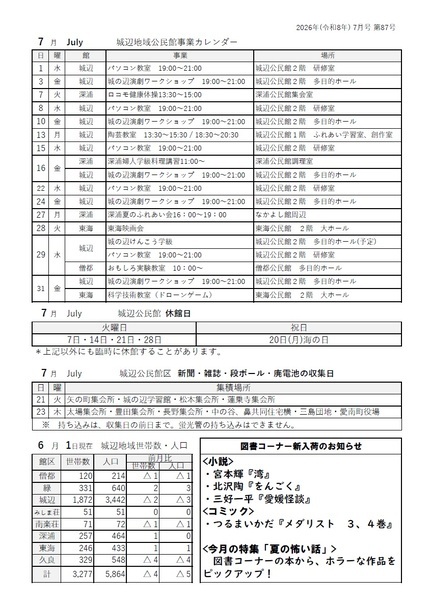 城辺公民館だより令和8年7月号ウラの画像