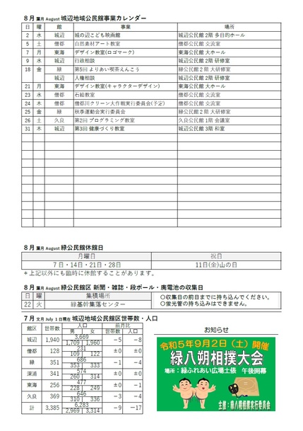 令和5年度緑公民館だより(館報 緑)8月号ウラの画像