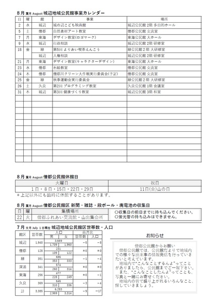 僧都公民館だより(館報 僧都)令和5年8月号ウラの画像